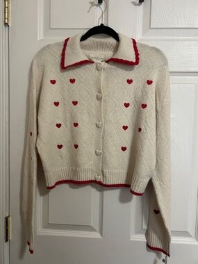 Cream Knit Button-Up Cardigan with Red Heart Accents